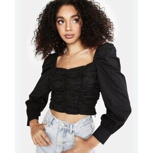 H&M Black Top Sz S Long Puff Sleeve Smocked Goth Grunge Dark Romantic Witchy